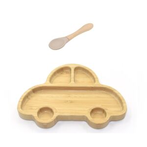 Martons Bambusový tanier s prísavkou a lyžičkou pre bábätká – Auto, 22×17 cm, béžová