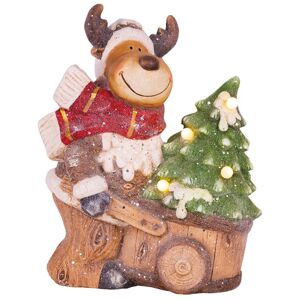 Dekorácia MagicHome Vianoce, Sobík s vozíkom, 4 LED, 3xAA, keramika, 33,50x24x43 cm