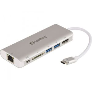 Sandberg USB-C dokovací stanice, HDMI+SD+USB+RJ45+USB-C(100W), stříbrný